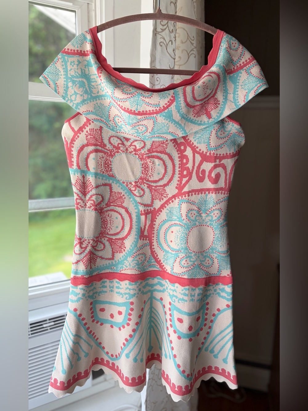 Anthropologie Foxiedox Off Shoulder Jacquard Knit Boho Mini Dress EUC Sz L